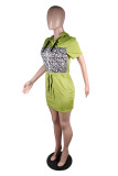 Red Fashion Casual Print Leopard Patchwork Oblique Collar Short Sleeve Dress