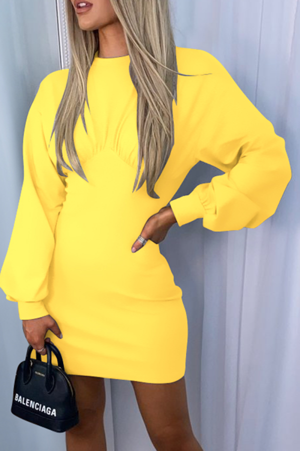 Yellow Casual Solid Patchwork O Neck Waist Skirt Dresses