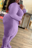 Purple Casual Solid Split Joint Fold O Neck Plus Size Two Pieces