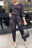 Black Casual Print Patchwork O Neck Long Sleeve Two Pieces
