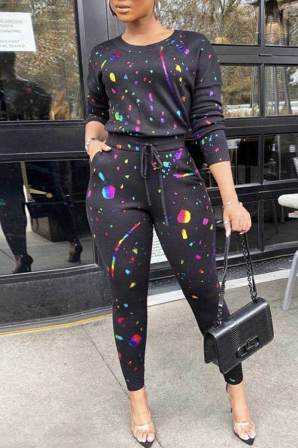 Black Casual Print Patchwork O Neck Long Sleeve Two Pieces