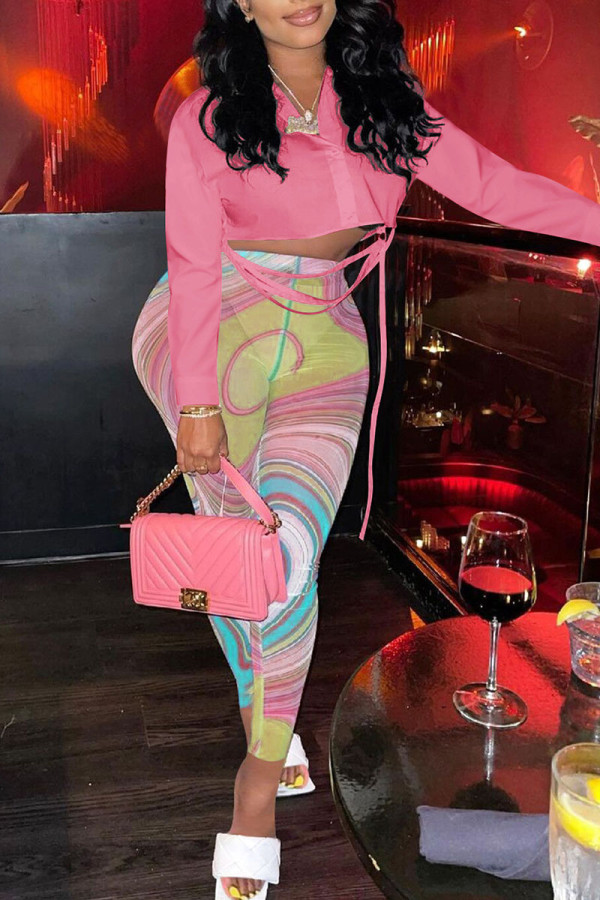 Pink Casual Print Patchwork V Neck Long Sleeve Two Pieces