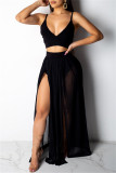 Blue Fashion Sexy Solid Patchwork Backless Spaghetti Strap Sleeveless Two Pieces