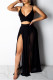 Black Fashion Sexy Solid Patchwork Backless Spaghetti Strap Sleeveless Two Pieces