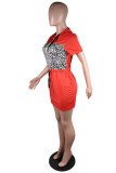 Red Fashion Casual Print Leopard Patchwork Oblique Collar Short Sleeve Dress