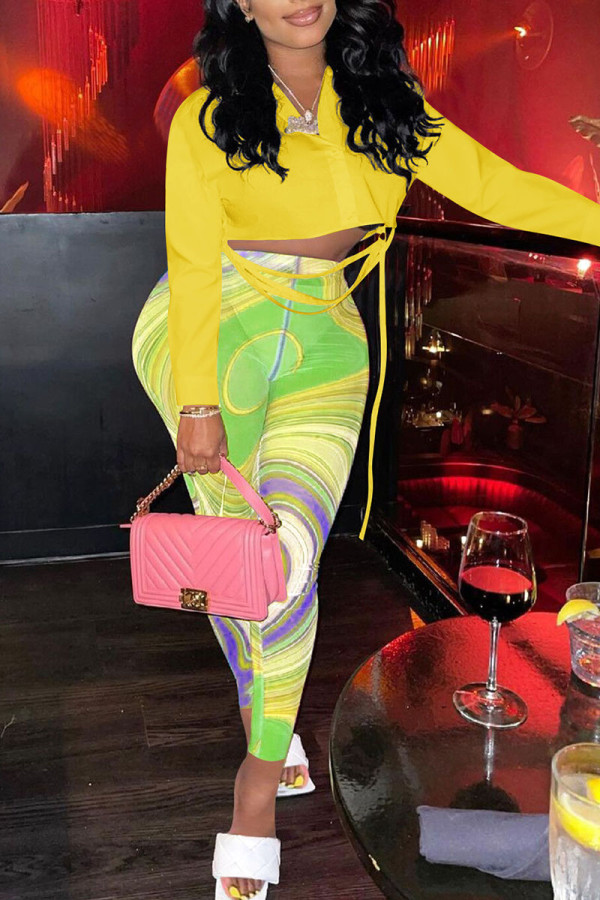 Yellow Casual Print Patchwork V Neck Long Sleeve Two Pieces