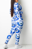 Blue Fashion Casual Print Basic Zipper Collar Long Sleeve Two Pieces