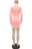 Pink Casual Solid Patchwork O Neck Waist Skirt Dresses