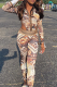 Yellow Sexy Print Patchwork Turndown Collar Long Sleeve Two Pieces