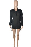 Black Fashion adult Ma'am Street Shirt sleeves Long Sleeves Turndown Collar Step Skirt skirt Solid Dresses