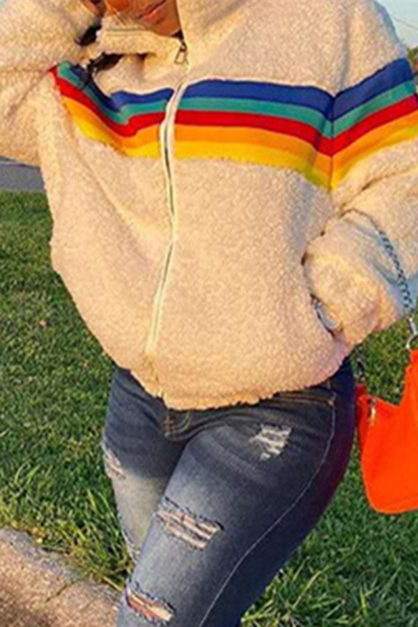 White Fashion Casual Striped Patchwork Zipper Collar Outerwear