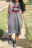 Red Casual Print Patchwork Hooded Collar Straight Dresses