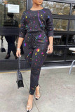 Black Casual Print Patchwork O Neck Long Sleeve Two Pieces