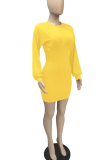 Pink Casual Solid Patchwork O Neck Waist Skirt Dresses