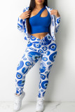 Blue Fashion Casual Print Basic Zipper Collar Long Sleeve Two Pieces