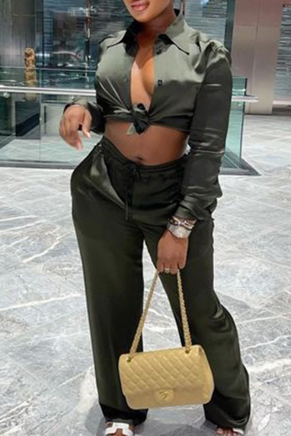Green Fashion Casual Solid Basic Turndown Collar Long Sleeve Two Pieces