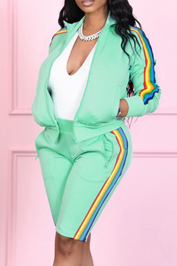 Light Green Fashion Casual Striped Patchwork Cardigan Zipper Collar Long Sleeve Two Pieces
