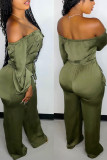 Green Casual Solid Split Joint Pocket Frenulum Off the Shoulder Straight Jumpsuits