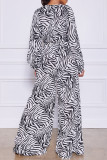 Zebra Fashion Casual Print Bandage Turndown Collar Long Sleeve Two Pieces