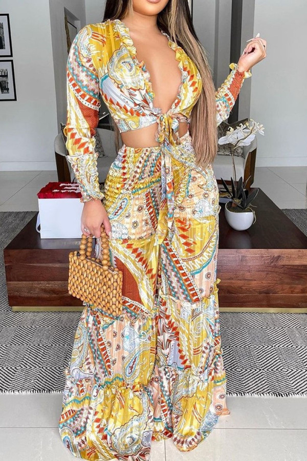 Yellow Sexy Print Patchwork Frenulum V Neck Long Sleeve Two Pieces