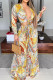 Yellow Sexy Print Patchwork Frenulum V Neck Long Sleeve Two Pieces