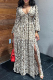 Snake Print Fashion Sexy Print Hollowed Out Slit V Neck Long Sleeve Dresses