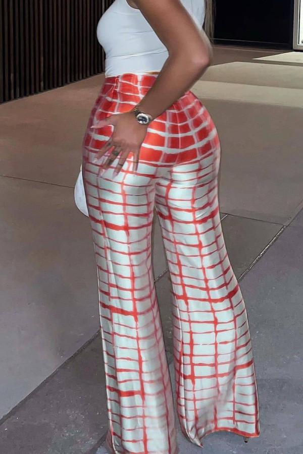 Red Fashion Casual Plaid Print Basic Regular High Waist Conventional Full Print Bottoms