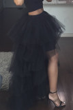 Black Fashion Casual Solid Patchwork Asymmetrical Regular High Waist Skirt