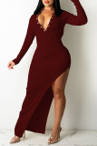 Apricot Sexy Solid Patchwork Backless High Opening Asymmetrical V Neck Pencil Skirt Dresses