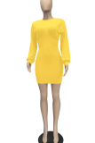 Pink Casual Solid Patchwork O Neck Waist Skirt Dresses