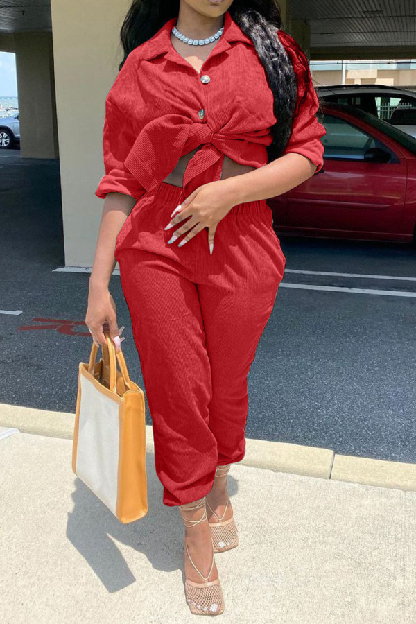 Red Casual Solid Patchwork Buckle Turndown Collar Long Sleeve Two Pieces