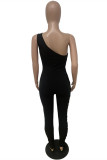 Black Sexy Casual Solid Bandage Backless One Shoulder Skinny Jumpsuits