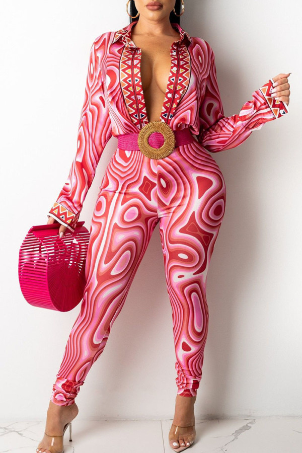 Rose Red Sexy Print Patchwork Turndown Collar Long Sleeve Two Pieces(Without Belt)