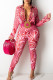 Rose Red Sexy Print Patchwork Turndown Collar Long Sleeve Two Pieces(Without Belt)
