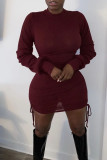 Burgundy Casual Solid Patchwork Draw String Fold O Neck Dresses