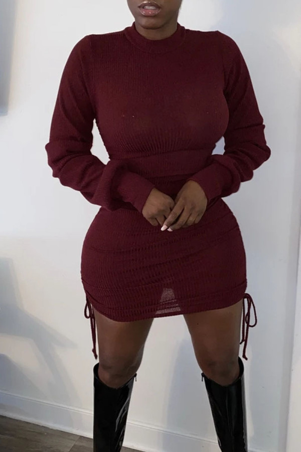 Burgundy Casual Solid Patchwork Draw String Fold O Neck Dresses