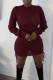 Burgundy Casual Solid Patchwork Draw String Fold O Neck Dresses