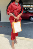 Red Casual Solid Patchwork Buckle Turndown Collar Long Sleeve Two Pieces