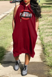 Red Casual Print Patchwork Hooded Collar Straight Dresses
