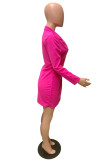 Rose Red Fashion Casual Solid Split Joint V Neck Long Sleeve Dresses