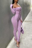 Light Pink Sexy Casual Solid Split Joint Backless Strapless Skinny Jumpsuits