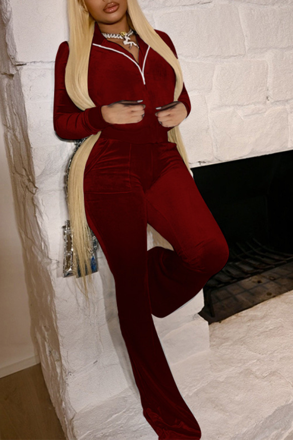 Burgundy Casual Solid Patchwork Zipper Collar Long Sleeve Two Pieces