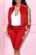 Red Fashion Casual Striped Patchwork Cardigan Zipper Collar Long Sleeve Two Pieces