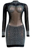 Colour Sexy Patchwork Hot Drilling See-through Half A Turtleneck Long Sleeve Dresses