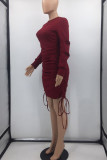 Burgundy Casual Solid Patchwork Draw String Fold O Neck Dresses
