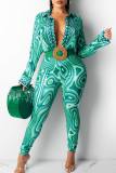 Lake Blue Sexy Print Patchwork Turndown Collar Long Sleeve Two Pieces(Without Belt)