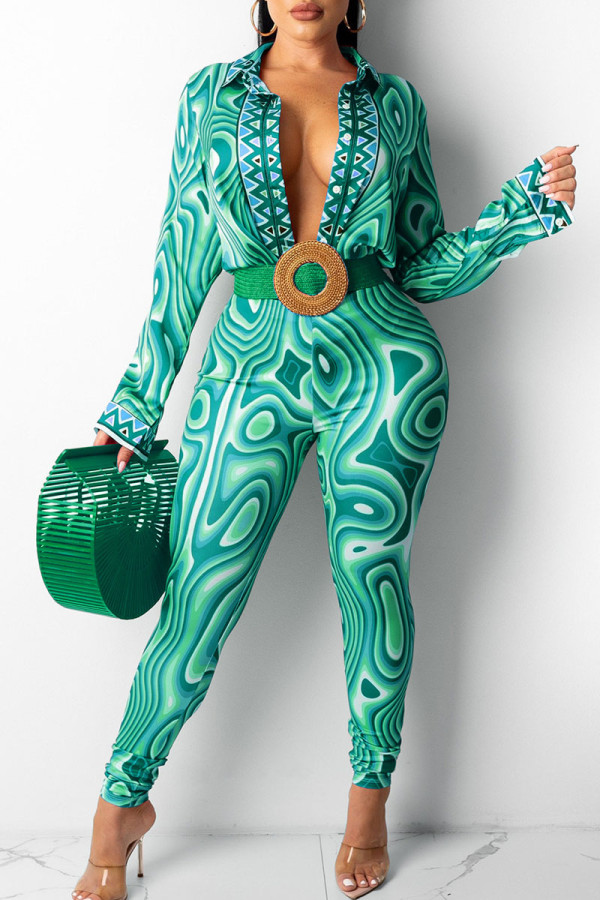 Lake Blue Sexy Print Patchwork Turndown Collar Long Sleeve Two Pieces(Without Belt)