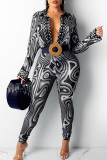Lake Blue Sexy Print Patchwork Turndown Collar Long Sleeve Two Pieces(Without Belt)