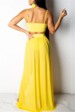 Blue Fashion Sexy Solid Patchwork Backless Spaghetti Strap Sleeveless Two Pieces