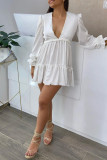 White Fashion Casual Solid Patchwork V Neck Long Sleeve Dresses pre-sale